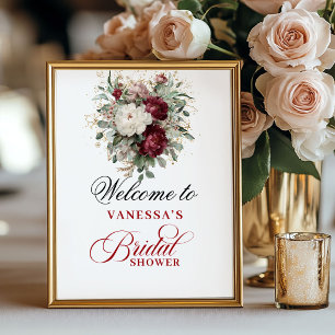 Póster Bienvenida a la ducha nupcial Floral Blush Burgund