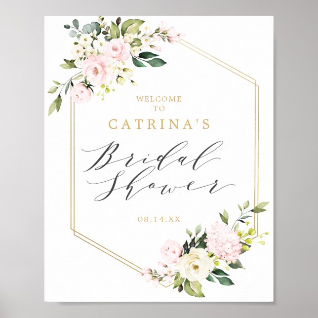Póster Bienvenida a la ducha nupcial floral geométrica do (Frente)