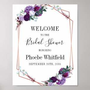 Póster Bienvenida a la ducha nupcial floral púrpura geomé