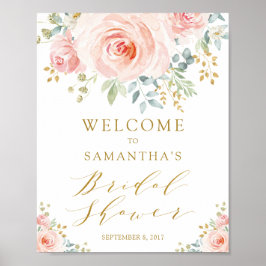 Póster Bienvenida a la ducha nupcial floral rosa dorado