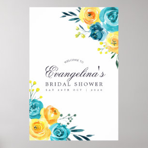 Póster Bienvenida a la ducha nupcial floral turquesa y am