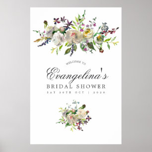 Póster Bienvenida a la ducha nupcial floral verde y blanc