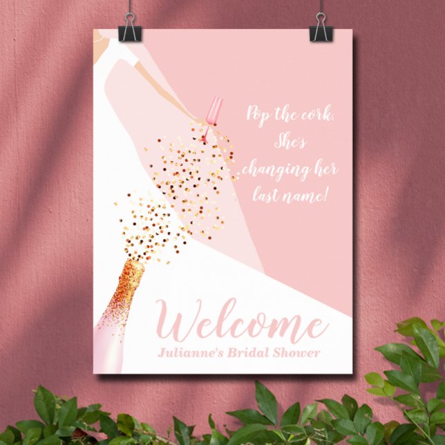Póster Bienvenida a la Ducha Nupcial Rosa Chic (Blush pink bridal shower Welcome poster, PRINTED and/or INSTANT DOWNLOAD, features bride in her gown)