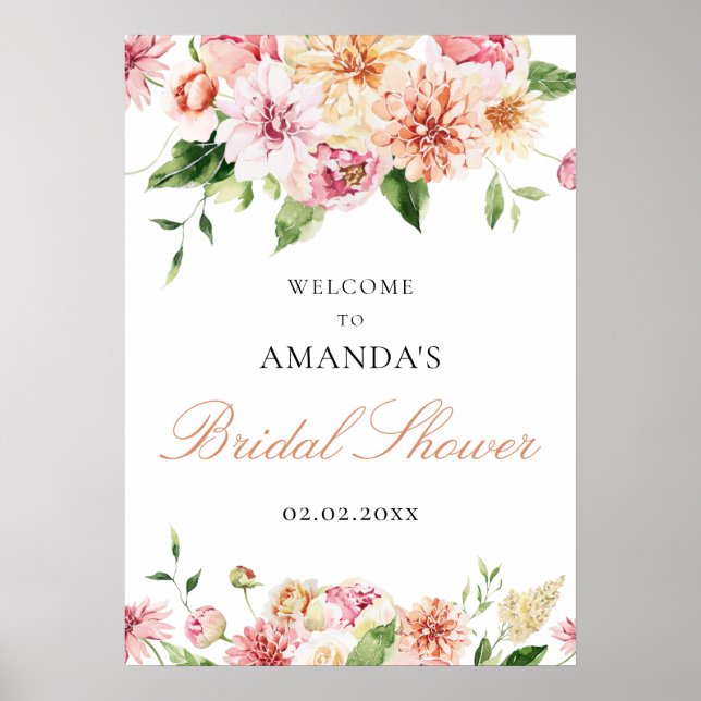 Póster Bienvenida a la ducha romántica con flores de vera (Frente)