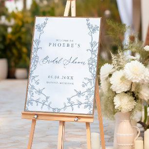 Póster Bienvenida a la elegante ducha nupcial floral azul