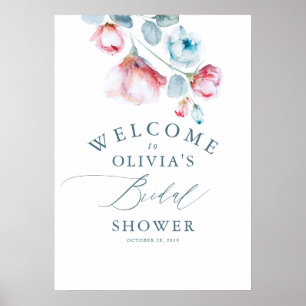 Póster Bienvenida a la elegante ducha nupcial floral azul