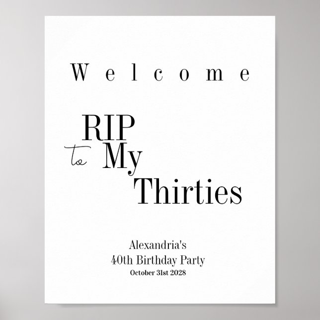 Póster Bienvenida a la fiesta de 40 cumpleaños RIP 30s (Frente)