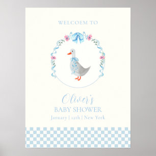 Póster Bienvenida a la fiesta de bebé Blue Gingham Silly