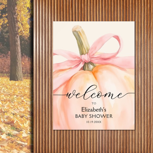 Póster Bienvenida a la Fiesta de Bebé Calabacita con Lazo (Girl baby shower pumpkin welcome poster, PRINTED and/or INSTANT DOWNLOAD, choose size when ordering)