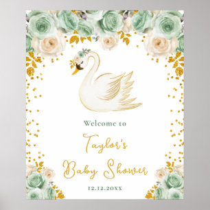 Póster Bienvenida a la fiesta de bebé Cisne Verde Esmeral