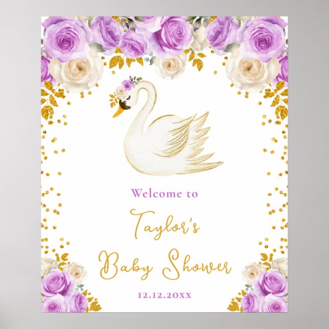 Póster Bienvenida a la fiesta de bebé con cisnes, rosas p (Frente)