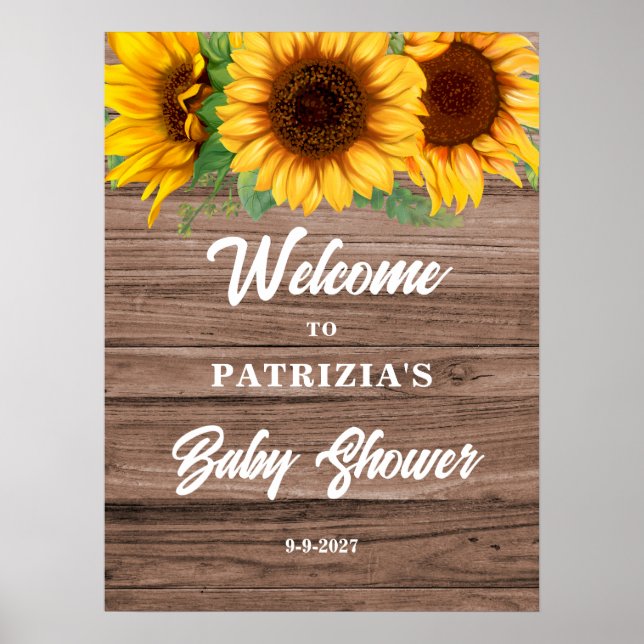 Póster Bienvenida a la Fiesta de Bebé con Girasoles Rústi (Frente)