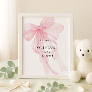 Póster Bienvenida a la fiesta de bebé con lazo rosa