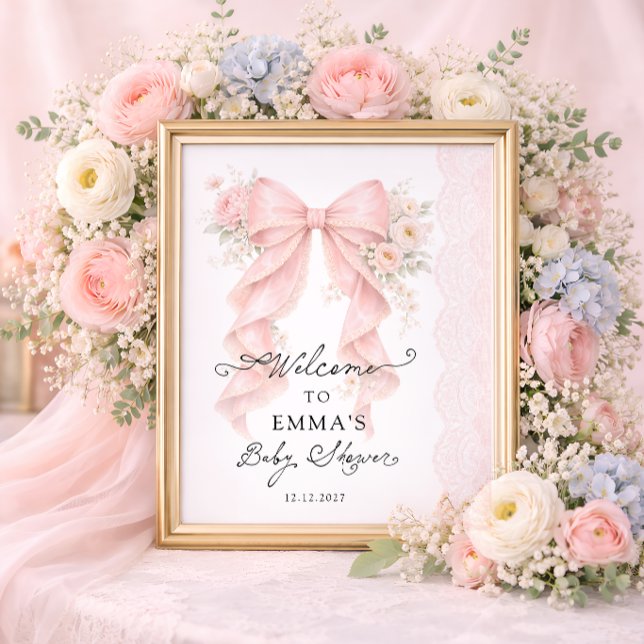 Póster Bienvenida a la Fiesta de Bebé con Lazo Rosa Elega (Subido por el creador)