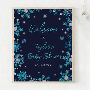 Póster Bienvenida a la Fiesta de Bebé Copos de Nieve Azul