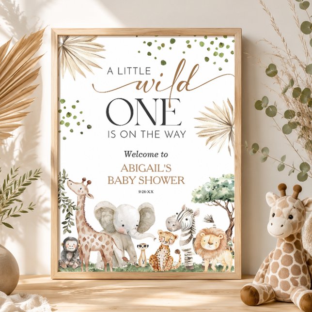 Póster Bienvenida a la Fiesta de Bebé de Animales de Safa (Safari Animals Gender Neutral Baby Shower Welcome Poster)