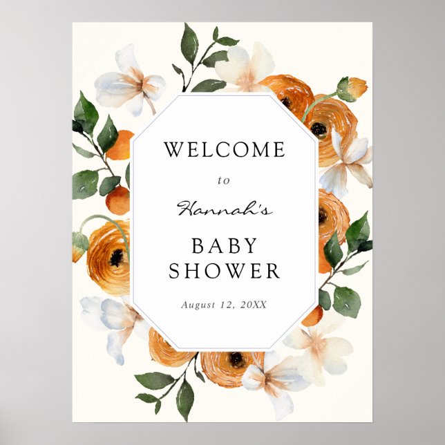 Póster Bienvenida a la Fiesta de Bebé de Clementinas Flor (Frente)