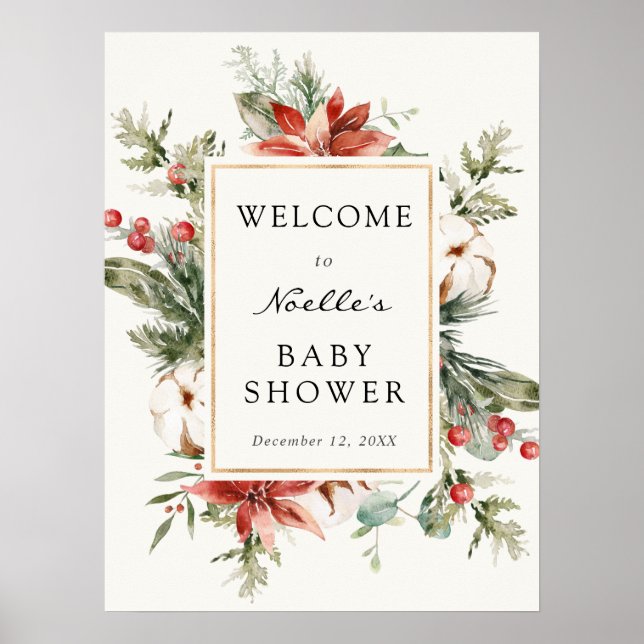 Póster Bienvenida a la fiesta de bebé de invierno Poinset (Frente)