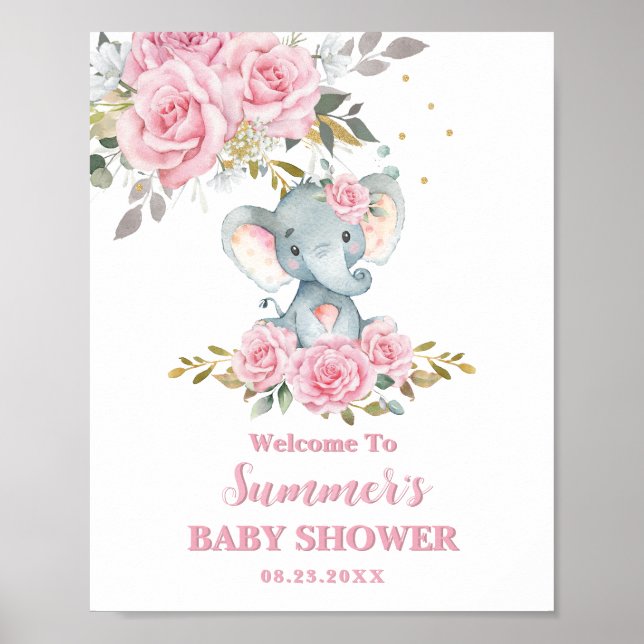 Póster Bienvenida a la fiesta de bebé elefante floral ros (Frente)