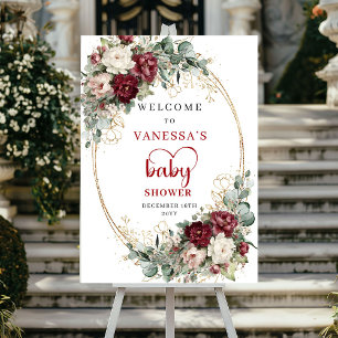 Póster Bienvenida a la Fiesta de Bebé Floral Rojo Burdeos
