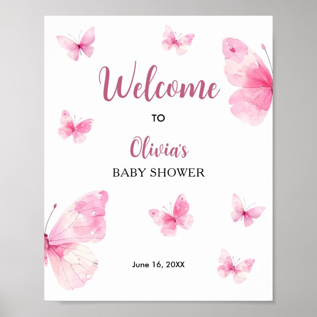 Póster Bienvenida a la fiesta de bebé Mariposa Rosa (Frente)