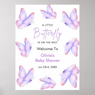Póster Bienvenida a la Fiesta de Bebé Mariposa Rosa Púrpu