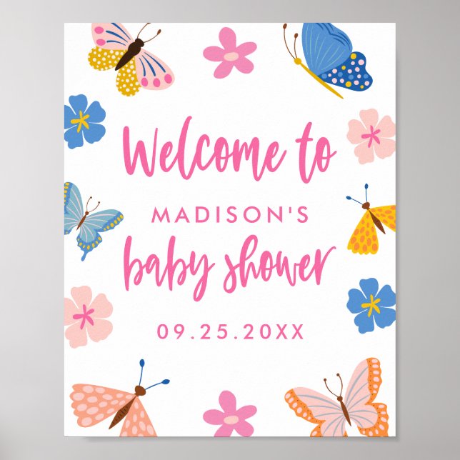 Póster Bienvenida a la Fiesta de Bebé Mariposas Lindas (Frente)