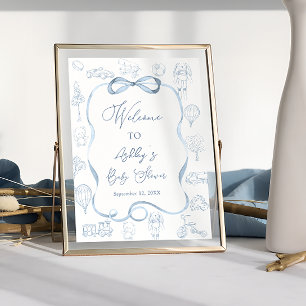 Póster Bienvenida a la fiesta de bebé niño Toile de Jouy
