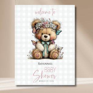 Póster Bienvenida a la fiesta de bebé Plaid Teddy Butterf