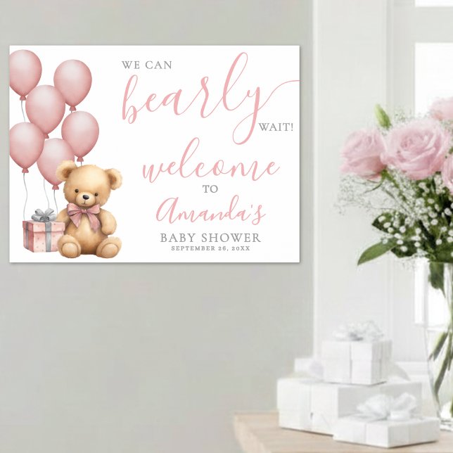 Póster Bienvenida a la Fiesta de Bebé Rosa de Osito de Pe (Teddy Bear Pink Baby Shower Welcome Poster )