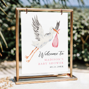 Póster Bienvenida a la Fiesta de Bebé Stork Acuarela Rosa