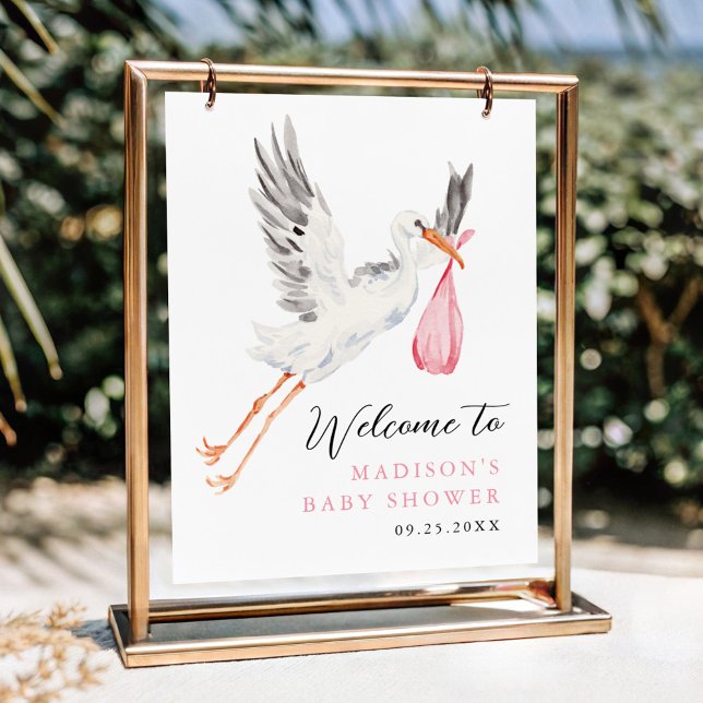 Póster Bienvenida a la Fiesta de Bebé Stork Acuarela Rosa (Subido por el creador)