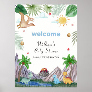 Póster Bienvenida a la Fiesta de Bebé Volcán Montaña Dino