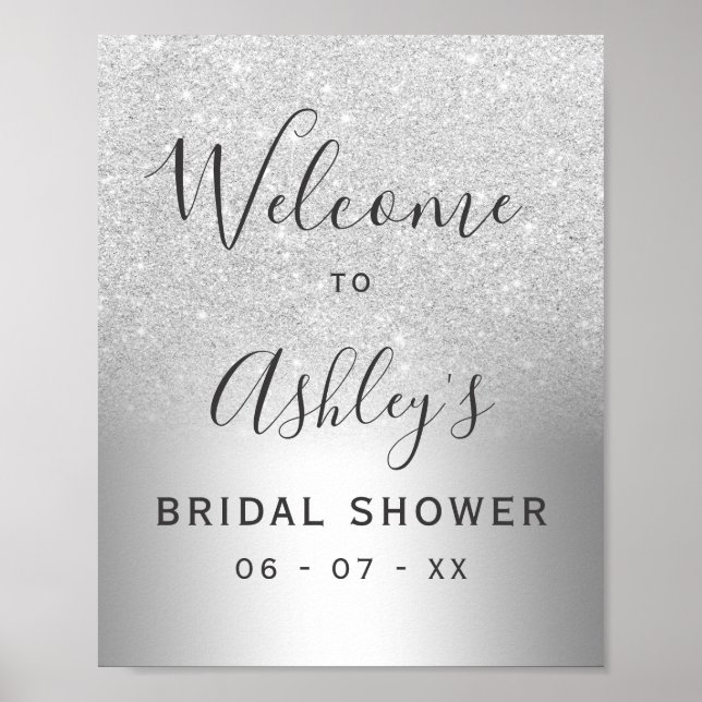 Póster Bienvenida a la fiesta de boda con brillo de plata (Frente)