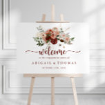 Póster Bienvenida a la fiesta de compromiso floral de oro<br><div class="desc">Este poster dorado rústico y florido de fiesta de bienvenida es perfecto para una celebración moderna de compromiso. El diseño se compone de marsala pintada a mano, flores rosas, rubias, borgoñas y doradas con hojas verdes dispuestas en hermosas coronas. Haz que este poster sea tu propio, agregando el nombre de...</div>