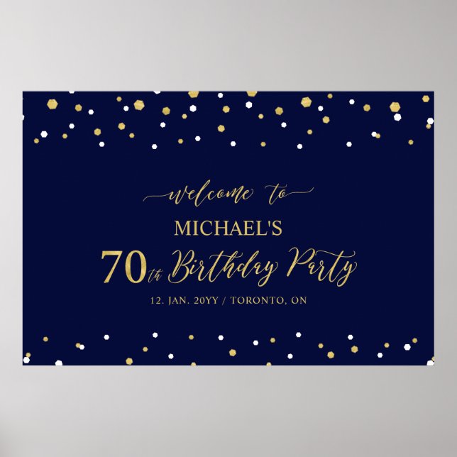 Póster Bienvenida a la fiesta de cumpleaños 70 en confeti (Frente)