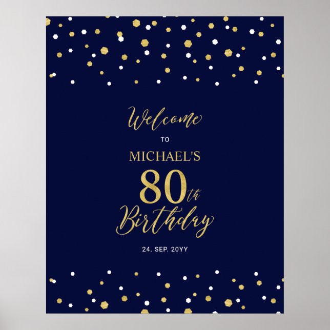 Póster Bienvenida a la fiesta de cumpleaños 80 en confeti (Frente)