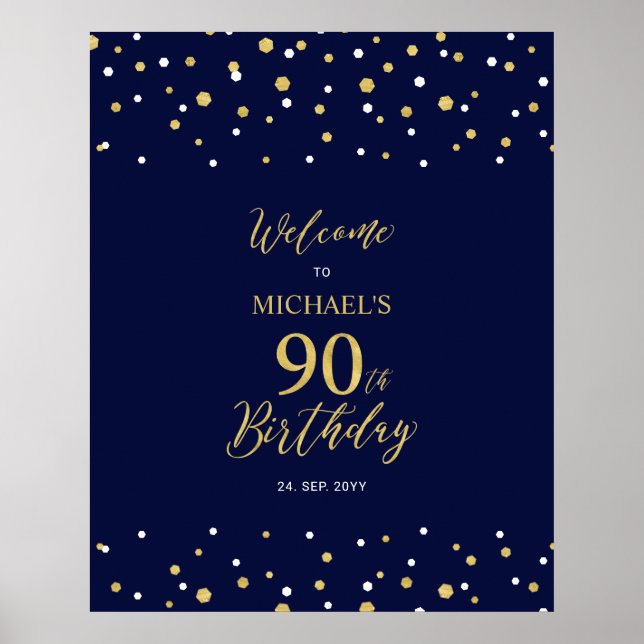 Póster Bienvenida a la fiesta de cumpleaños 90 en confeti (Frente)
