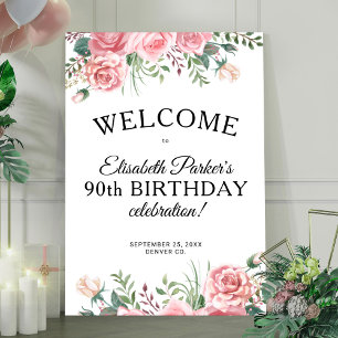 Póster Bienvenida a la fiesta de cumpleaños 90 floral ele