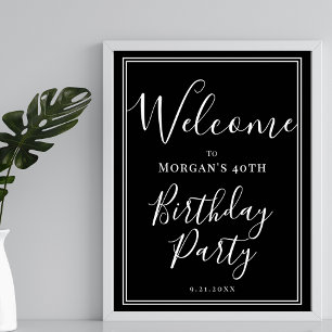 Póster Bienvenida a la Fiesta de Cumpleaños Blanco y Negr