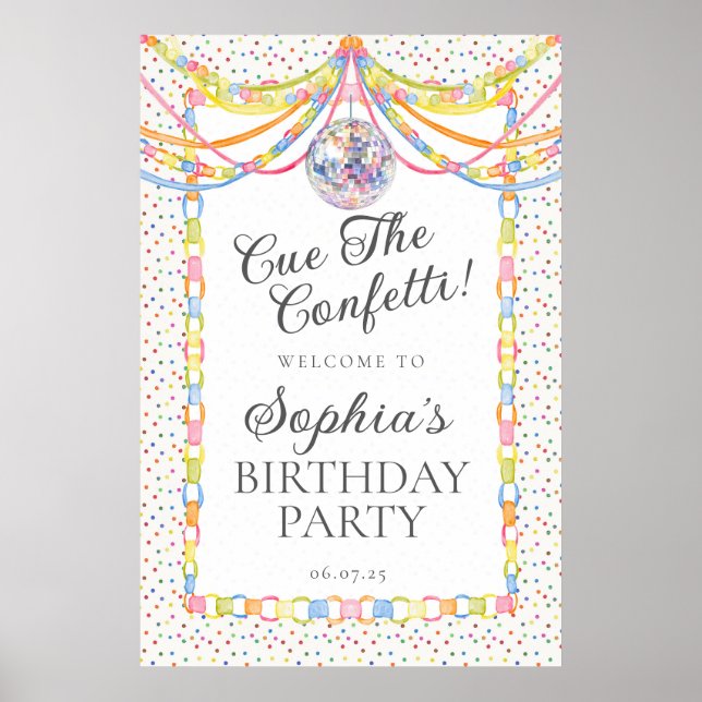 Póster Bienvenida a la fiesta de cumpleaños con confeti (Frente)