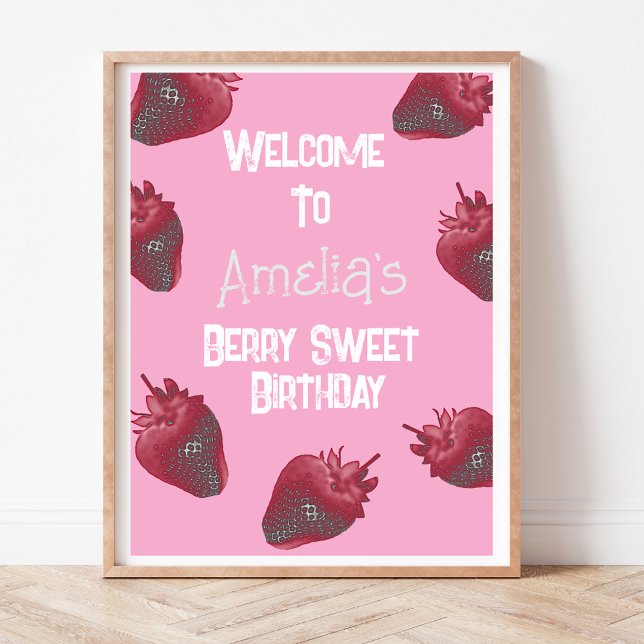 Póster Bienvenida a la fiesta de cumpleaños de fresas de  (Luscious strawberry party poster)