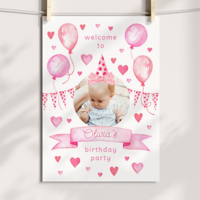 Póster Bienvenida a la fiesta de cumpleaños de la Gorra d (pink coquette birthday party welcome poster with custom photo and movable bow hat)