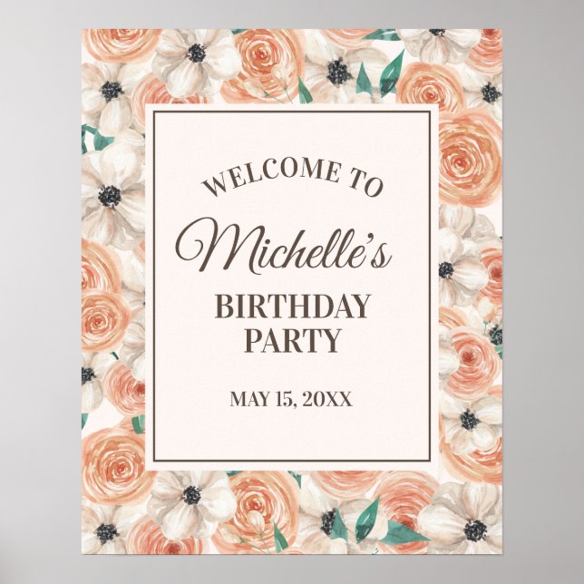 Póster Bienvenida a la fiesta de cumpleaños floral rosa m (Frente)