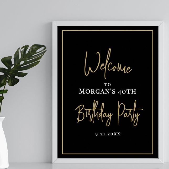 Póster Bienvenida a la Fiesta de Cumpleaños Moderna de Or (Black Gold Modern Birthday Party Welcome Poster)