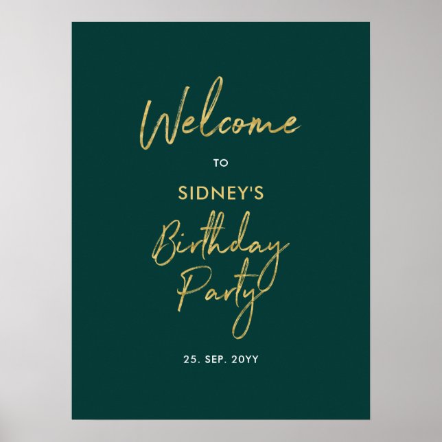 Póster Bienvenida a la fiesta de cumpleaños moderna en or (Frente)