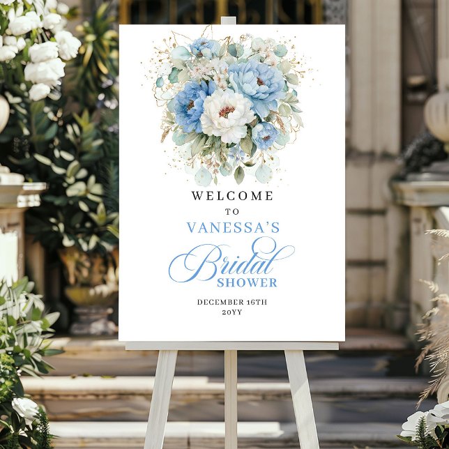 Póster Bienvenida a la Fiesta de Despedida de Soltera Boh (Boho Dusty Blue Flowers Bridal Shower Welcome)