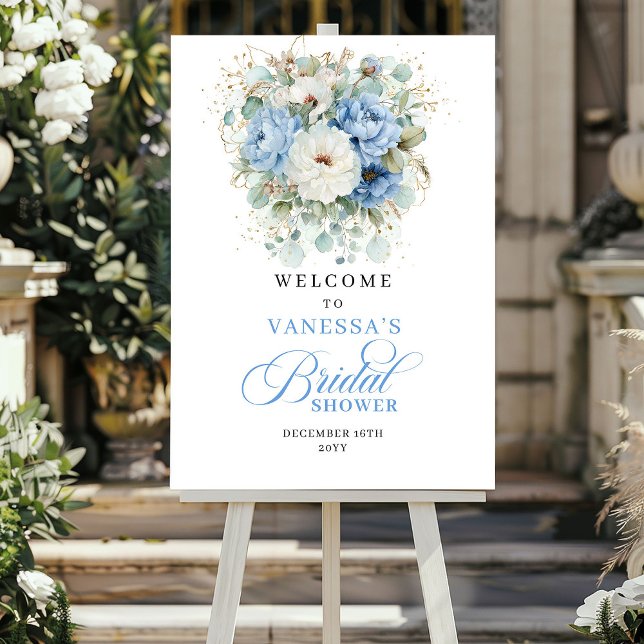 Póster Bienvenida a la Fiesta de Despedida de Soltera Boh (Bohemian Light Blue Floral Bridal Shower Welcome)