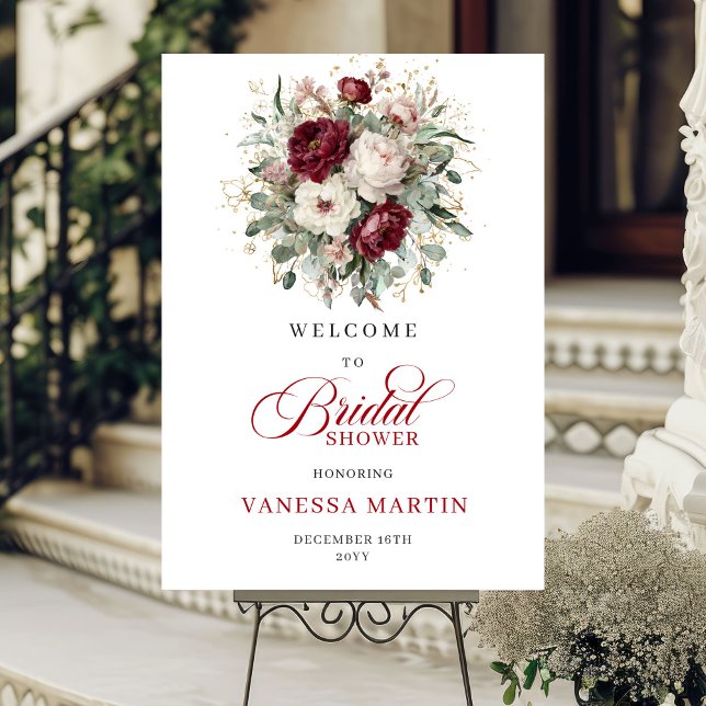 Póster Bienvenida a la Fiesta de Despedida de Soltera Boh (Boho Burgundy Eucalyptus Bridal Shower Welcome)