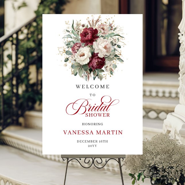 Póster Bienvenida a la Fiesta de Despedida de Soltera Boh (Boho Burgundy Flowers Bridal Shower Welcome)